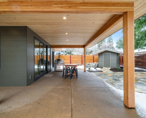 redesigned and remodeled covered, ground floor outdoor living space at Ashland, Oregon home