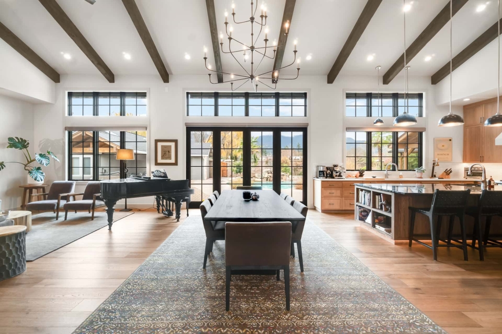 ashland-home-renovation-normal-1-key redesigned and remodeled open living, dining and kitchen area in Ashland, Oregon home with pool and view