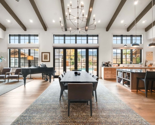 ashland-home-renovation-normal-1-key redesigned and remodeled open living, dining and kitchen area in Ashland, Oregon home with pool and view