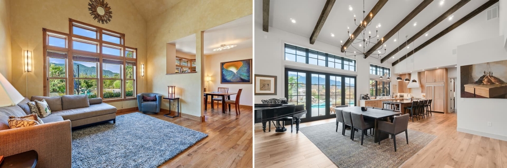 ashland-home-renovation-normal-2-living-dining-before-after redesigned and remodeled open living and dining area in Ashland, Oregon home with pool and view