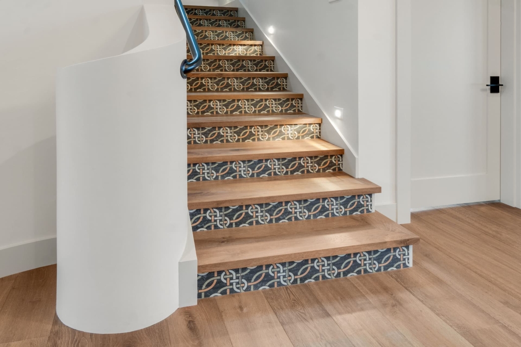ashland-home-renovation-normal-6 redesigned and remodeled wood staircase with custom tile risers in Ashland, Oregon home with pool and view