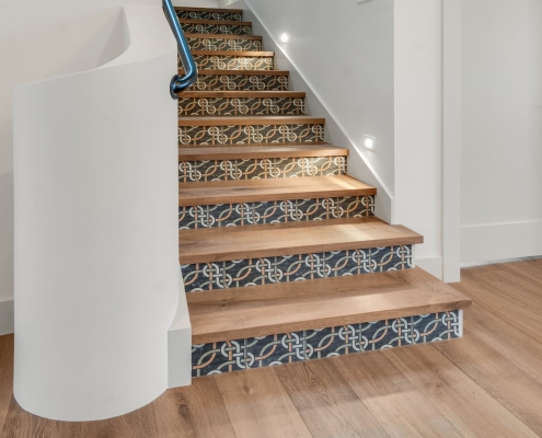 ashland-home-renovation-normal-6 redesigned and remodeled wood staircase with custom tile risers in Ashland, Oregon home with pool and view