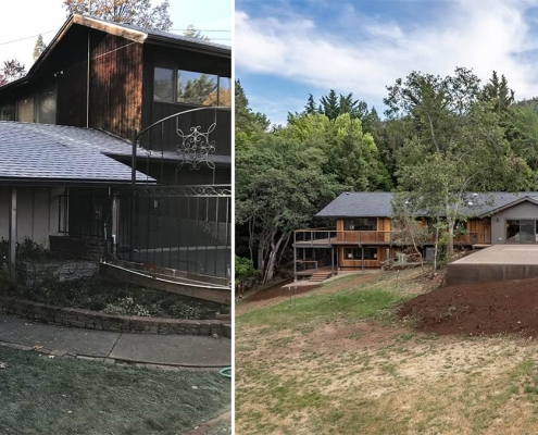redesigned and remodeled exterior with functional outdoor living spaces in Ashland, Oregon home renovation