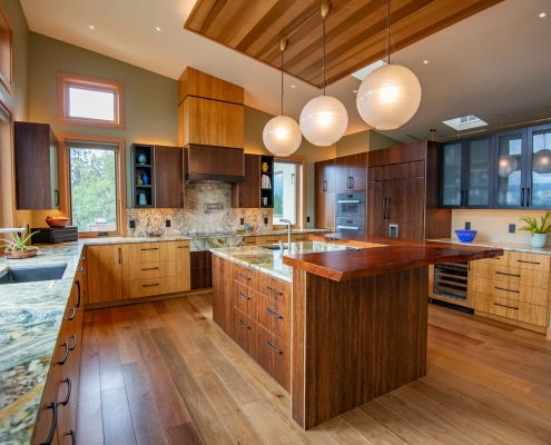 modern open kitchen design with vaulted ceiling and views in Ashland, Oregon